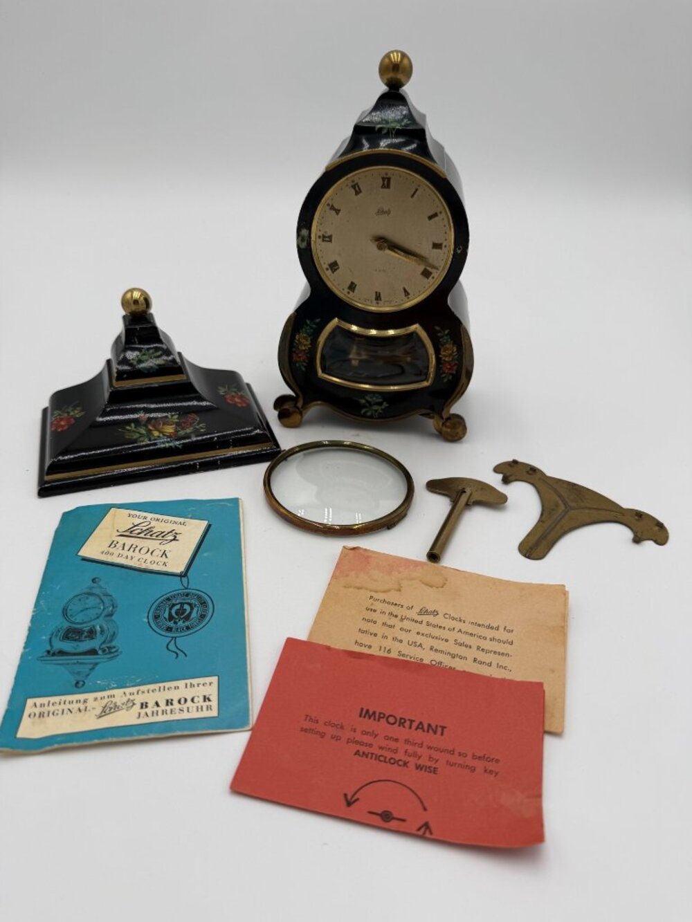 Vintage Schatz Barock 400-Day Clock Key Glass Dome Instructions Parts Floral Des
